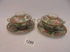 A pair of Chinese Famille Rose Bouillon cups with lids and saucers.