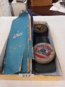 A vintage boxed Lotus pearls with silver clasp & a quantity of vintage tins & Ronson lighter boxes