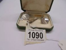 A circa 1960/70 hand engraved hall marked silver Rhodium plated cuff links and tie pin.