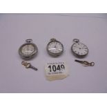 Three ladies silver fob watches, two working, one with cracked glass.