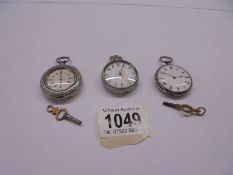 Three ladies silver fob watches, two working, one with cracked glass.