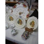 A Royal Albert Old Country Roses clock, 3 thatched cottage plates, Beswick Donkey etc.,