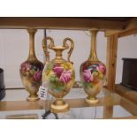 A three piece Royal Worcester painted rose set (decorated by different artists)