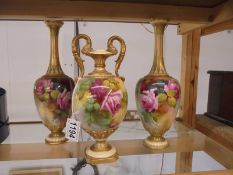A three piece Royal Worcester painted rose set (decorated by different artists)