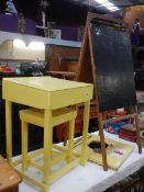A vintage painted wooden child's school desk with stool. blackboard with integral abacus