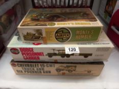 3 vintage boxed Airfix military vehicles, Monty's Humber started, other 2 still bagged