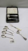 A cased spoon with pusher set adn six other silver spoons and forks.