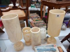 A pair of polished alabaster table lamps plus 2 others and a vase COLLECT ONLY