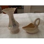 A Belleek swan planter & a Belleek vase