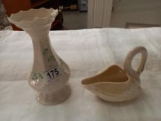 A Belleek swan planter & a Belleek vase