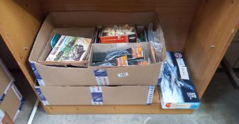 2 large boxes of plastic soldiers, assembled Battle ship model boats & large quantity of decals etc.