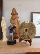 An unusual carved wooden religious figure box, Oriental figures, brass plaque etc