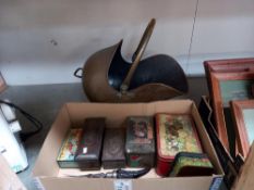 A coal scuttle and a quantity of vintage tins etc COLLECT ONLY