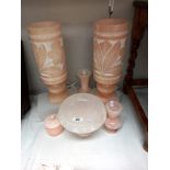 A good selection of pink alabaster including a pair of table lamps, comport, vases and trinket pot