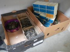 Two boxes of engineering tools including dies, nuts, bolts etc., and a companion set, COLLECT ONLY.