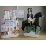 Two Staffordshire flat back figure being Dick Turpin and a castle.