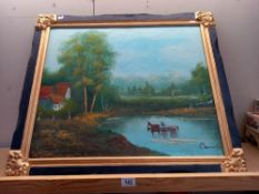 A framed oil on board, European school, naive scene signed but indistinct COLLECT ONLY