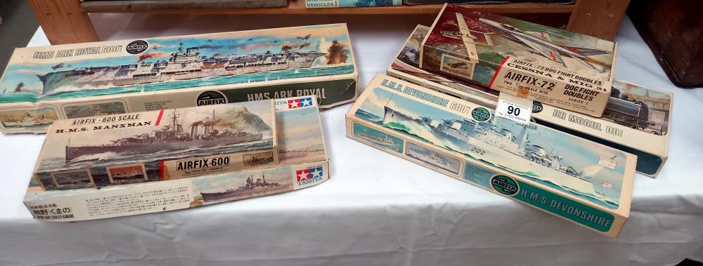 A qty of vintage airfix etc model kits. HMS Manxman & Kumano incomplete Ark Royal started