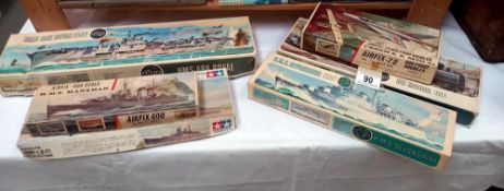 A qty of vintage airfix etc model kits. HMS Manxman & Kumano incomplete Ark Royal started