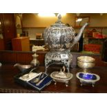 A Victorian silver plate spirit kettle on stand, a/f
