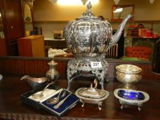 A Victorian silver plate spirit kettle on stand, a/f