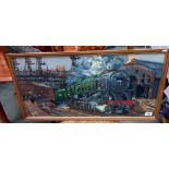 A framed and glazed tapestry of a steam engine 92220 Evening Star leaving Paddington COLLECT ONLY