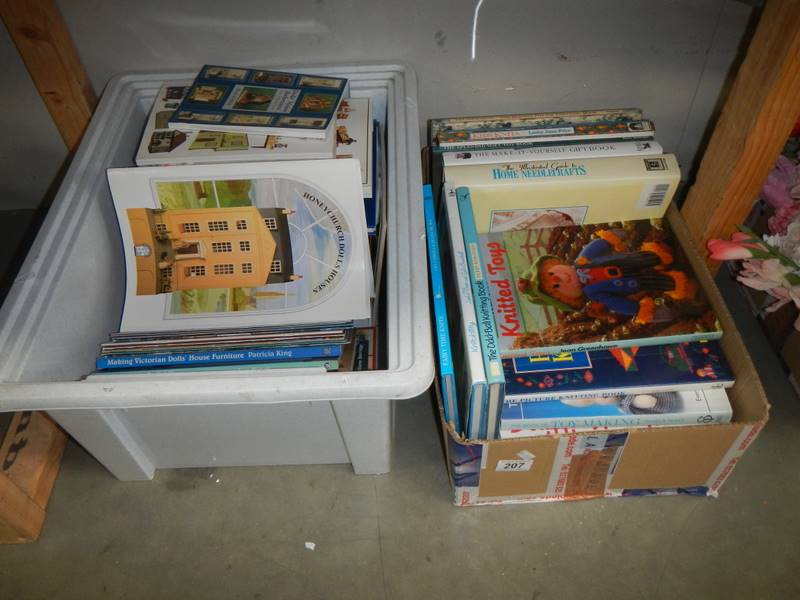 Two boxes of craft/needlework/knitting and dolls house reference books. COLLECT ONLY.