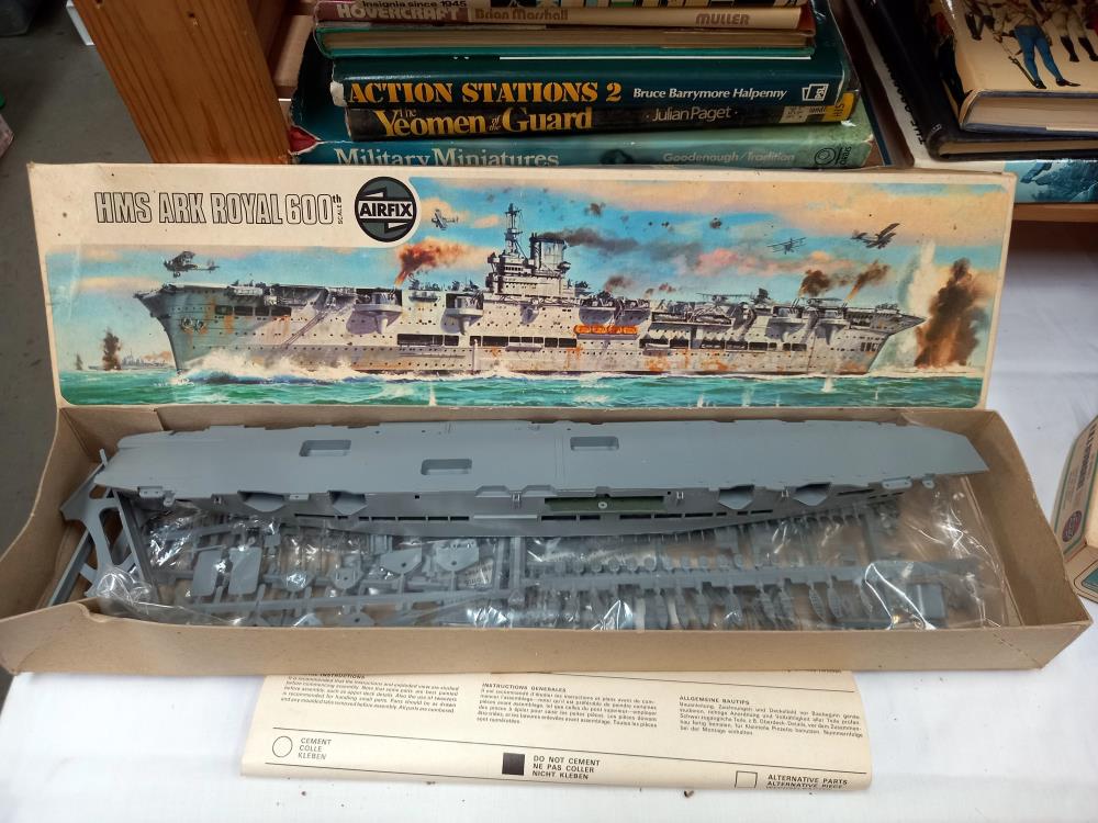 A qty of vintage airfix etc model kits. HMS Manxman & Kumano incomplete Ark Royal started - Image 2 of 7