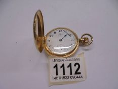 A 9ct gold Omega full hunter pocket watch (working but one hand loose). 69.3gms