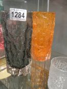 A Whitefriars tangerine 7.5" 9690 bark vase and a Whitefriars pewter 7.5" 9690 bark vase.