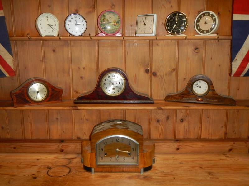 A quantity of vintage and Edwardian clocks including pecking chicken alarm clock.