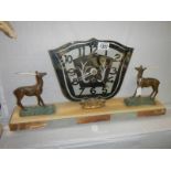 A French art deco clock surmounted deer (antlers a/f) COLLECT ONLY