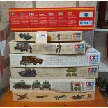 5 Tamiya military model kits (Ford G.P.A. Jeep part built) & Esci Land Rover