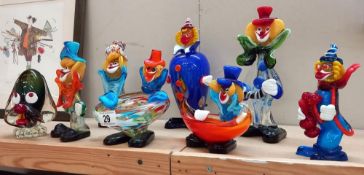 7 Murano art glass clowns and a dog
