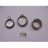 Two silver pocket watches a/f and a silver napkin ring.