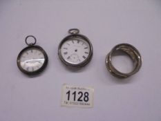 Two silver pocket watches a/f and a silver napkin ring.