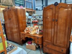 A mahogany bedroom suite comprising triple mirror dressing table and two wardrobes, COLLECT ONLY.