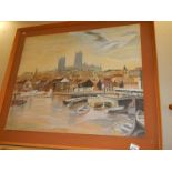 A large pine framed watercolour of Lincoln, COLLECT