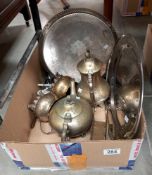 A box of metalware including silver plate, brass and cutlery
