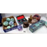 Quantity of cloisonne balls, paperweight, china pencil box, coasters etc
