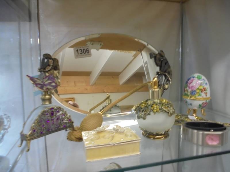 A mixed lot including modern mirror, scent bottles, trinket bozed etc.,