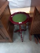 A redwood stand tripod side/wine table with gilded green leather insert top COLLECT ONLY