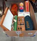 A box of miscellaneous including Escalado type horse racing game (missing 1 horse), plus Russian