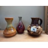 3 West German vases and jug, height between 14cm and 15cm