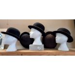 5 bowler hats, Hodges size 7 and 1/4, Neils Liverpool size 6 and 7/8ths, Francis Push and Son marked