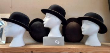 5 bowler hats, Hodges size 7 and 1/4, Neils Liverpool size 6 and 7/8ths, Francis Push and Son marked