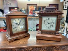 An Edwardian oak mantle/bracket clock with silvered dial and a Trister 31 day mantle clock, all