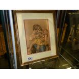 A framed and glazed print of an old man with a child.
