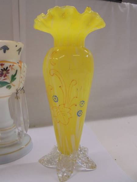 A pair of early 20th century yellow glass vases, 17cm, A small Victorian glass lustre 17cm - Image 4 of 4