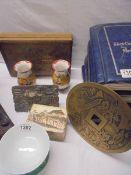 A quantity of Chinese items including bronze plaque etc.,